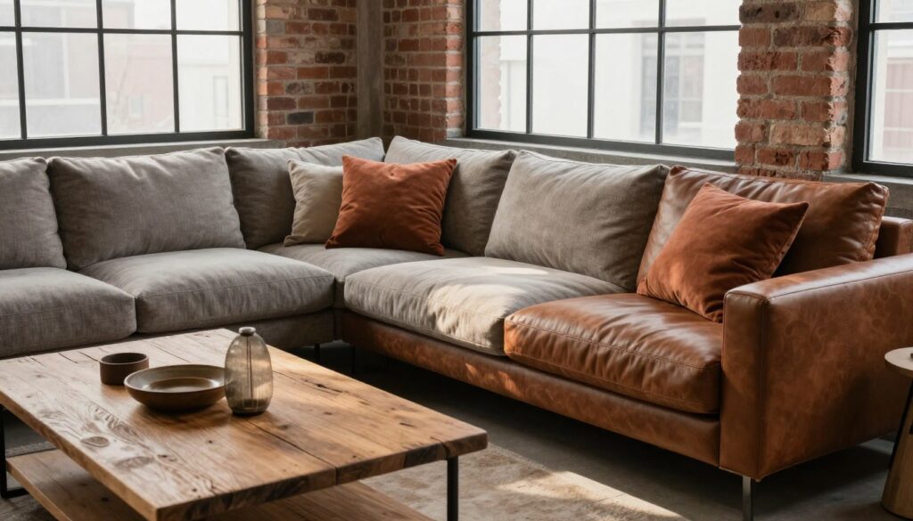A cozy corner of a loft-style living room featuring a stylish sectional sofa made from warm, textured materials like soft fabrics and leather. The sofa showcases a rich mix of earthy tones, such as deep browns, soft grays, and touches of warm rust, creating a welcoming atmosphere. In the foreground, plush pillows are casually arranged on the sofa. The middle ground includes a rustic wooden coffee table with decorative items that complement the sofa's colors. In the background, exposed brick walls and large industrial-style windows allow natural light to flood the space, casting soft shadows. The overall mood is inviting and warm, emphasizing comfort within a stylish loft environment. The image should capture the essence of modern yet homely design, with no text or logos present. A cozy corner of a loft-style living room featuring a stylish sectional sofa made from warm, textured materials like soft fabrics and leather. The sofa showcases a rich mix of earthy tones, such as deep browns, soft grays, and touches of warm rust, creating a welcoming atmosphere. In the foreground, plush pillows are casually arranged on the sofa. The middle ground includes a rustic wooden coffee table with decorative items that complement the sofa's colors. In the background, exposed brick walls and large industrial-style windows allow natural light to flood the space, casting soft shadows. The overall mood is inviting and warm, emphasizing comfort within a stylish loft environment. The image should capture the essence of modern yet homely design, with no text or logos present.
