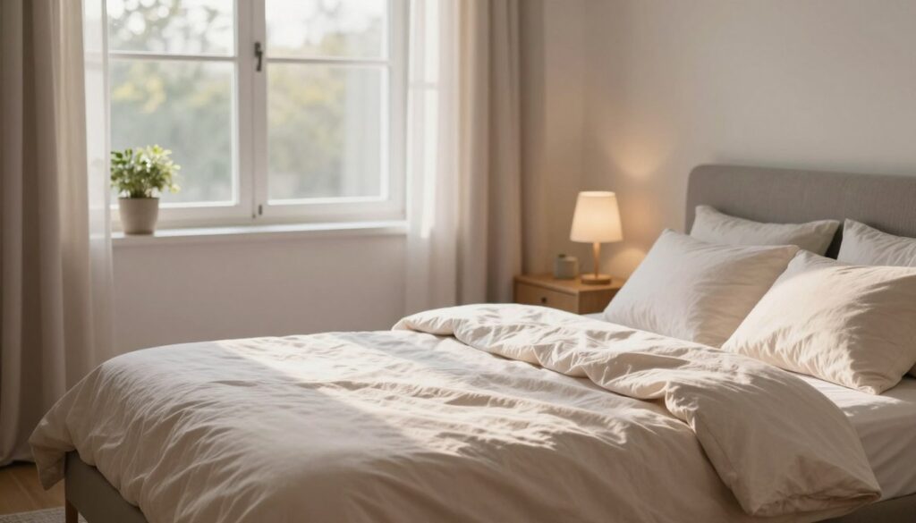 A cozy, inviting bedroom scene illustrating the ideal placement of a bed in relation to a window. In the foreground, a neatly made bed with soft, pastel-colored linens faces a large window that allows natural light to flood the room. The middle ground features a stylish bedside table with a small lamp, emphasizing a serene atmosphere. The background showcases light curtains gently blowing in the breeze, enhancing the feeling of openness. Soft morning sunlight casts a warm glow throughout the room, creating a tranquil ambiance. Include a potted plant on the windowsill to add a touch of nature. The image should evoke a sense of calm and comfort, perfect for illustrating the importance of bed placement regarding windows for a better night's sleep. A cozy, inviting bedroom scene illustrating the ideal placement of a bed in relation to a window. In the foreground, a neatly made bed with soft, pastel-colored linens faces a large window that allows natural light to flood the room. The middle ground features a stylish bedside table with a small lamp, emphasizing a serene atmosphere. The background showcases light curtains gently blowing in the breeze, enhancing the feeling of openness. Soft morning sunlight casts a warm glow throughout the room, creating a tranquil ambiance. Include a potted plant on the windowsill to add a touch of nature. The image should evoke a sense of calm and comfort, perfect for illustrating the importance of bed placement regarding windows for a better night's sleep.