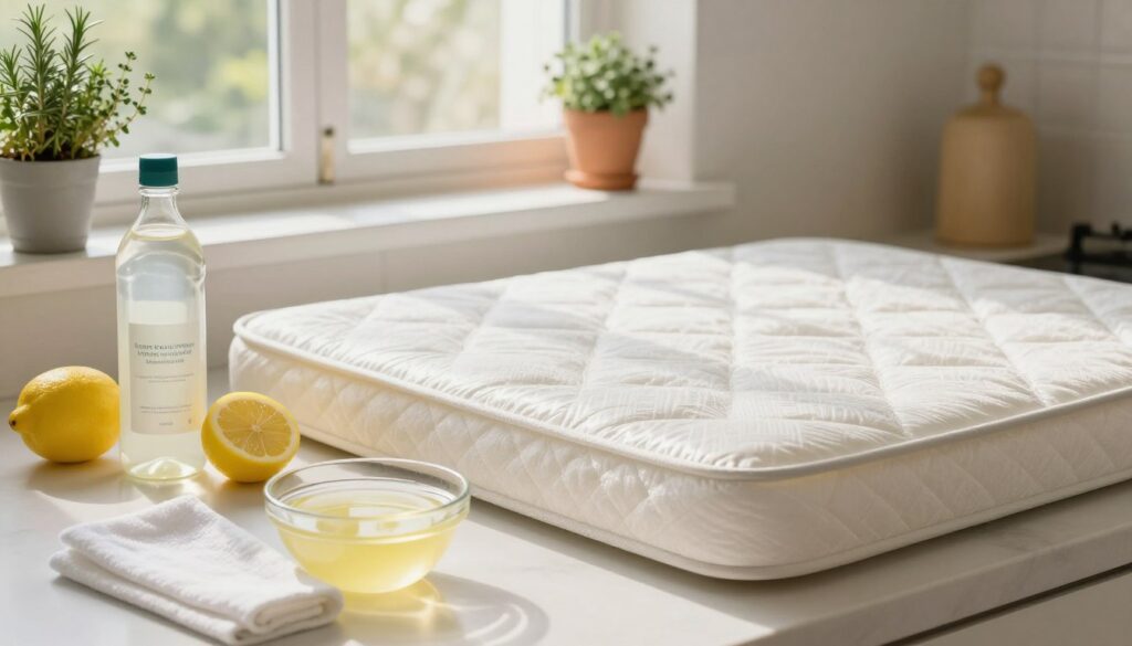 A cozy kitchen countertop scene featuring natural cleaning solutions: a bottle of white vinegar, a halved lemon, and a dish soap bottle, arranged harmoniously. In the foreground, a clean white cloth is placed next to a small bowl filled with a lemon-infused mixture, hinting at effective cleaning tips. The middle of the image showcases a gleaming, spotless mattress in soft, warm lighting, suggesting freshness and cleanliness. The background features a window with sunlight streaming in, illuminating potted herbs like rosemary and thyme, evoking a fresh, homey atmosphere. The overall mood is inviting and informative, emphasizing the simplicity and effectiveness of home cleaning methods. The image should be shot from an angle that captures both the ingredients and the pristine mattress, highlighting the focus on home remedies. A cozy kitchen countertop scene featuring natural cleaning solutions: a bottle of white vinegar, a halved lemon, and a dish soap bottle, arranged harmoniously. In the foreground, a clean white cloth is placed next to a small bowl filled with a lemon-infused mixture, hinting at effective cleaning tips. The middle of the image showcases a gleaming, spotless mattress in soft, warm lighting, suggesting freshness and cleanliness. The background features a window with sunlight streaming in, illuminating potted herbs like rosemary and thyme, evoking a fresh, homey atmosphere. The overall mood is inviting and informative, emphasizing the simplicity and effectiveness of home cleaning methods. The image should be shot from an angle that captures both the ingredients and the pristine mattress, highlighting the focus on home remedies.