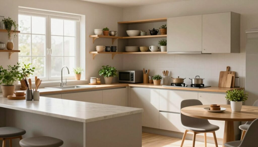 A cozy kitchen featuring a window with soft natural light streaming in, illuminating the space. In the foreground, a sleek countertop that extends neatly beneath the window, dotted with a few culinary tools and fresh herbs in pots. The mid-ground showcases elegant cabinetry, tastefully arranged to avoid obstructing the natural light, with a mix of open shelves holding kitchenware and closed cabinets for storage. A small round dining table with two minimalist chairs sits adjacent to the workspace, enhancing functionality without crowding the area. In the background, a light, airy feel with plant decorations and a warm color palette, creating an inviting atmosphere, evoking a sense of comfort and efficiency in a small kitchen design. The image is captured from a slight angle to accentuate the layout and flow of the space. A cozy kitchen featuring a window with soft natural light streaming in, illuminating the space. In the foreground, a sleek countertop that extends neatly beneath the window, dotted with a few culinary tools and fresh herbs in pots. The mid-ground showcases elegant cabinetry, tastefully arranged to avoid obstructing the natural light, with a mix of open shelves holding kitchenware and closed cabinets for storage. A small round dining table with two minimalist chairs sits adjacent to the workspace, enhancing functionality without crowding the area. In the background, a light, airy feel with plant decorations and a warm color palette, creating an inviting atmosphere, evoking a sense of comfort and efficiency in a small kitchen design. The image is captured from a slight angle to accentuate the layout and flow of the space.