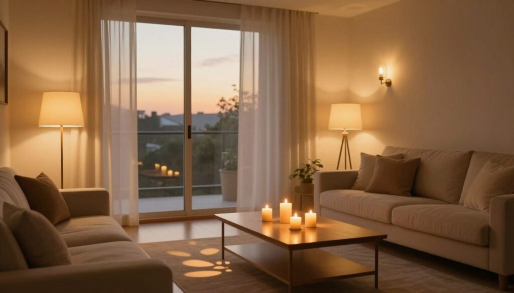 A cozy living room bathed in warm light, showcasing a harmonious blend of decorative lighting options. In the foreground, elegant floor lamps with soft amber hues provide gentle illumination. In the middle, a stylish coffee table is adorned with candles that flicker softly, casting playful shadows. The background reveals a large window with sheer curtains, allowing the golden dusk light to filter in, enhancing the tranquil atmosphere. Delicate wall sconces illuminate the walls with subtle glows, creating layers of light. The overall mood is serene and inviting, promoting relaxation and comfort, with a focus on avoiding harsh lighting. Capture this serene ambiance with a soft focus and natural lens effects to enhance the warmth and layering of light. A cozy living room bathed in warm light, showcasing a harmonious blend of decorative lighting options. In the foreground, elegant floor lamps with soft amber hues provide gentle illumination. In the middle, a stylish coffee table is adorned with candles that flicker softly, casting playful shadows. The background reveals a large window with sheer curtains, allowing the golden dusk light to filter in, enhancing the tranquil atmosphere. Delicate wall sconces illuminate the walls with subtle glows, creating layers of light. The overall mood is serene and inviting, promoting relaxation and comfort, with a focus on avoiding harsh lighting. Capture this serene ambiance with a soft focus and natural lens effects to enhance the warmth and layering of light.