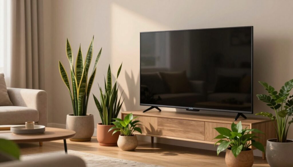 A cozy living room scene featuring a sleek television set. In the foreground, arrange a group of resilient indoor plants known for thriving in low light, heat, and dry air, such as Sansevieria, ZZ plants, and pothos. The plants should be placed in decorative pots with earthy tones, arranged artfully around the television. In the background, a soft, warm lighting creates an inviting atmosphere, casting gentle shadows. The furniture can include a plush sofa and a stylish coffee table, enhancing the overall comfort of the space. The angle should be slightly elevated, capturing both the plants and the TV in a balanced composition that emphasizes the interplay between technology and nature. The mood is serene and tranquil, promoting a sense of relaxation. A cozy living room scene featuring a sleek television set. In the foreground, arrange a group of resilient indoor plants known for thriving in low light, heat, and dry air, such as Sansevieria, ZZ plants, and pothos. The plants should be placed in decorative pots with earthy tones, arranged artfully around the television. In the background, a soft, warm lighting creates an inviting atmosphere, casting gentle shadows. The furniture can include a plush sofa and a stylish coffee table, enhancing the overall comfort of the space. The angle should be slightly elevated, capturing both the plants and the TV in a balanced composition that emphasizes the interplay between technology and nature. The mood is serene and tranquil, promoting a sense of relaxation.