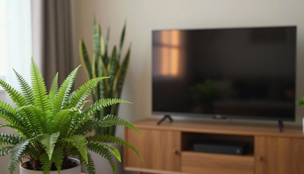 A cozy living room scene featuring various indoor plants strategically placed next to a modern television. In the foreground, a vibrant green fern and a resilient snake plant showcase their leafy textures, capturing the viewer's attention. The middle ground includes a sleek, black television on a wooden stand, glowing softly in warm light, reflecting a comfortable atmosphere. In the background, a subtle blend of soft wall colors and natural light streaming through a nearby window enhances the space. The setting feels serene and inviting, emphasizing the harmony between technology and nature. The overall mood is tranquil and stylish, promoting a sense of balance in home decor. A cozy living room scene featuring various indoor plants strategically placed next to a modern television. In the foreground, a vibrant green fern and a resilient snake plant showcase their leafy textures, capturing the viewer's attention. The middle ground includes a sleek, black television on a wooden stand, glowing softly in warm light, reflecting a comfortable atmosphere. In the background, a subtle blend of soft wall colors and natural light streaming through a nearby window enhances the space. The setting feels serene and inviting, emphasizing the harmony between technology and nature. The overall mood is tranquil and stylish, promoting a sense of balance in home decor.