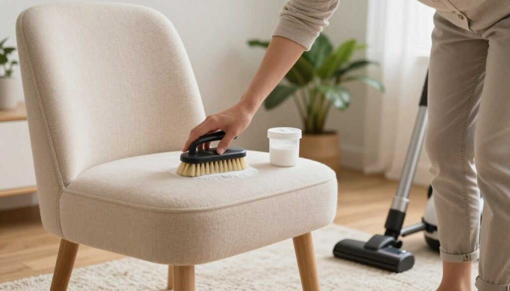 A cozy living room scene showcasing a beautifully upholstered chair surrounded by natural light. In the foreground, a professional-looking individual in casual yet neat clothing is gently cleaning the chair's upholstery using a soft brush and baking soda, with a small container of white vinegar and a vacuum cleaner nearby, emphasizing effective dry cleaning methods. In the middle ground, soft textures of the chair fabric contrast with the wooden floor and a plush rug. The background features houseplants and light-colored walls, creating a warm, inviting atmosphere. The lighting is soft and diffused, suggesting a calm and practical home environment, perfect for discussing domestic cleaning tips. A cozy living room scene showcasing a beautifully upholstered chair surrounded by natural light. In the foreground, a professional-looking individual in casual yet neat clothing is gently cleaning the chair's upholstery using a soft brush and baking soda, with a small container of white vinegar and a vacuum cleaner nearby, emphasizing effective dry cleaning methods. In the middle ground, soft textures of the chair fabric contrast with the wooden floor and a plush rug. The background features houseplants and light-colored walls, creating a warm, inviting atmosphere. The lighting is soft and diffused, suggesting a calm and practical home environment, perfect for discussing domestic cleaning tips.