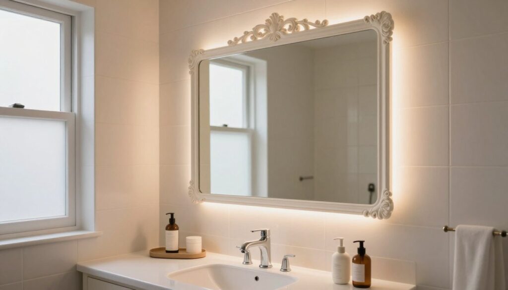 A cozy, small bathroom setting featuring a large, ornate mirror with an elegant frame, reflecting soft, warm light. The foreground includes a bright vanity with neatly arranged toiletries and a stylish sink. In the middle, the large mirror is illuminated by strategically placed LED lights that create a gentle halo effect around the mirror’s edge, enhancing the sense of space and brightness. The background showcases light-colored tiles on the walls and a subtle, calming color palette. Natural light pours in through a frosted window, adding to the airy atmosphere. The overall mood is tranquil and inviting, evoking a clean and organized environment perfect for relaxation. The angle captures the mirror’s reflection, emphasizing the harmonious blend of light and space. A cozy, small bathroom setting featuring a large, ornate mirror with an elegant frame, reflecting soft, warm light. The foreground includes a bright vanity with neatly arranged toiletries and a stylish sink. In the middle, the large mirror is illuminated by strategically placed LED lights that create a gentle halo effect around the mirror’s edge, enhancing the sense of space and brightness. The background showcases light-colored tiles on the walls and a subtle, calming color palette. Natural light pours in through a frosted window, adding to the airy atmosphere. The overall mood is tranquil and inviting, evoking a clean and organized environment perfect for relaxation. The angle captures the mirror’s reflection, emphasizing the harmonious blend of light and space.