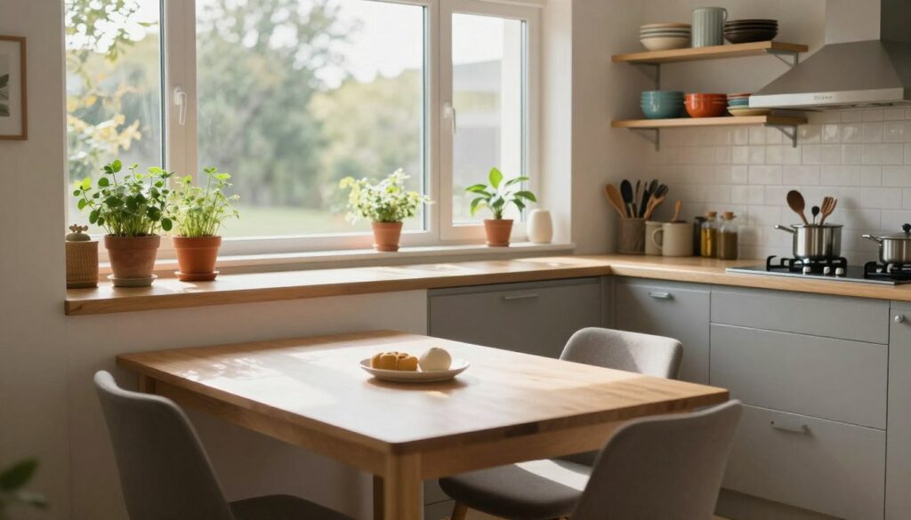 A cozy, small kitchen featuring a large window that allows natural light to flood the space. In the foreground, a modest dining table, elegantly set, with two chairs positioned to encourage conversation. The middle layer showcases sleek, modern cabinetry, with utensils neatly arranged and a few potted herbs on the windowsill, adding a pop of green. The background reveals a stylish backsplash and shelves displaying colorful dishware, creating a vibrant ambiance. The setting is well-lit, with sunlight streaming through the window, casting soft shadows and highlighting the kitchen's inviting atmosphere. The mood is warm and functional, emphasizing efficient use of space while promoting freedom of movement. Angle from slightly above to capture the overall layout harmoniously. A cozy, small kitchen featuring a large window that allows natural light to flood the space. In the foreground, a modest dining table, elegantly set, with two chairs positioned to encourage conversation. The middle layer showcases sleek, modern cabinetry, with utensils neatly arranged and a few potted herbs on the windowsill, adding a pop of green. The background reveals a stylish backsplash and shelves displaying colorful dishware, creating a vibrant ambiance. The setting is well-lit, with sunlight streaming through the window, casting soft shadows and highlighting the kitchen's inviting atmosphere. The mood is warm and functional, emphasizing efficient use of space while promoting freedom of movement. Angle from slightly above to capture the overall layout harmoniously.