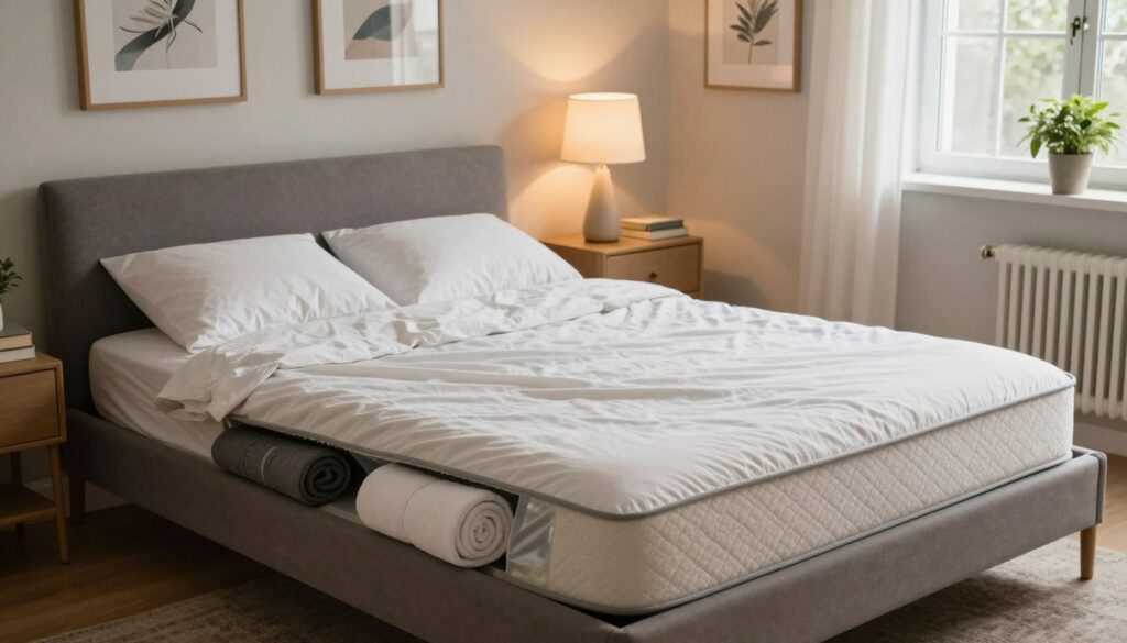 A cozy yet slightly sagging bed in a stylish bedroom setting. In the foreground, a neatly made bed with a clear dip in the center, showcasing various quick fix solutions like rolled towels and cushions creatively placed underneath the mattress to prop it up. The middle ground features a nightstand with a lamp, books, and a potted plant for a homely atmosphere. In the background, softly lit walls adorned with tasteful artwork and a window letting in gentle, warm daylight enhance the welcoming ambiance. The overall mood is warm and practical, inspiring a sense of urgency to address the bed's sagging issue with simple, immediate solutions. The angle captures the room from a slightly elevated perspective, providing a comprehensive view of the arrangement.