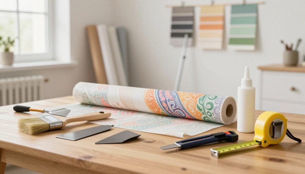 A detailed and organized workspace showcasing essential wallpapering tools and accessories. In the foreground, display a wallpaper brush, a smoothing tool, a utility knife, adhesive glue, and a tape measure, all neatly arranged on a wooden table. In the middle, a roll of colorful wallpaper is partially unrolled, revealing its intricate design. The background features a bright, well-lit room with rolls of wallpaper stacked against a wall, a ladder, and a selection of swatches hanging. Soft, natural light filters through a nearby window, casting a warm glow on the scene, creating an inviting and productive atmosphere, ideal for DIY projects. The mood is focused and professional, reflecting a renovation vibe without human subjects. A detailed and organized workspace showcasing essential wallpapering tools and accessories. In the foreground, display a wallpaper brush, a smoothing tool, a utility knife, adhesive glue, and a tape measure, all neatly arranged on a wooden table. In the middle, a roll of colorful wallpaper is partially unrolled, revealing its intricate design. The background features a bright, well-lit room with rolls of wallpaper stacked against a wall, a ladder, and a selection of swatches hanging. Soft, natural light filters through a nearby window, casting a warm glow on the scene, creating an inviting and productive atmosphere, ideal for DIY projects. The mood is focused and professional, reflecting a renovation vibe without human subjects.