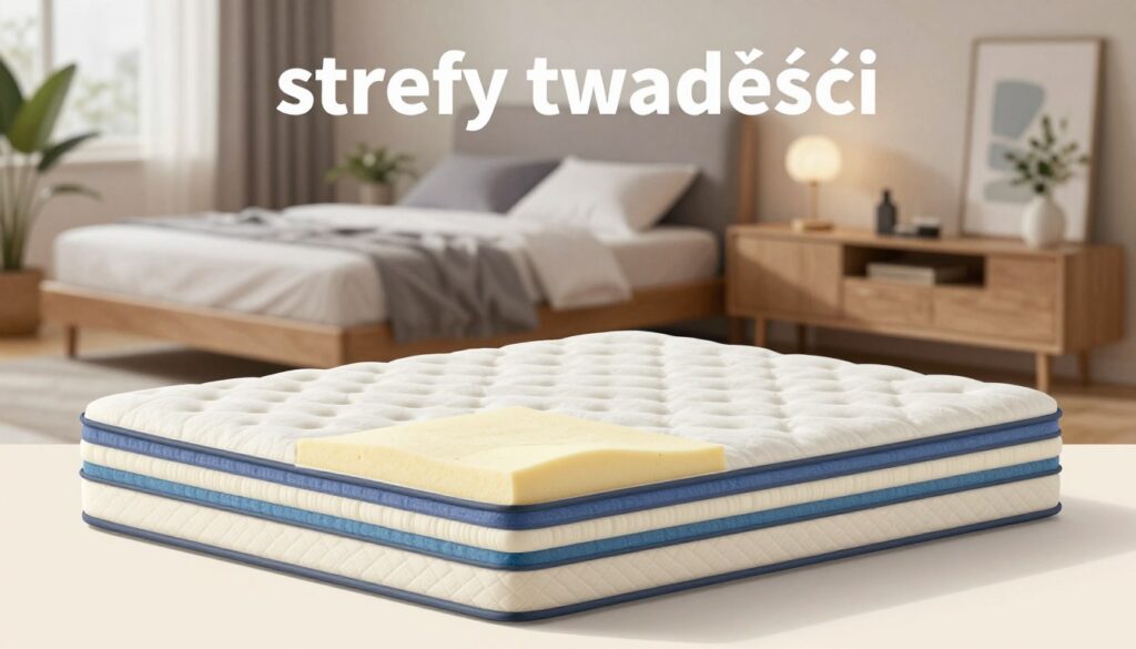 A detailed and visually engaging illustration of mattress zones, specifically focusing on "strefy twardości." In the foreground, display a cross-section of a layered mattress, highlighting different firmness zones with varying colors and textures, such as soft memory foam, medium support, and firm latex. In the middle ground, include a peaceful bedroom setting with soft, ambient lighting, showcasing the mattress on a stylish bed frame. The background should feature calming decor elements like potted plants and serene wall art. The atmosphere is tranquil and informative, designed to evoke a sense of comfort and restful sleep, inviting the viewer to understand the importance of mattress firmness zones.
