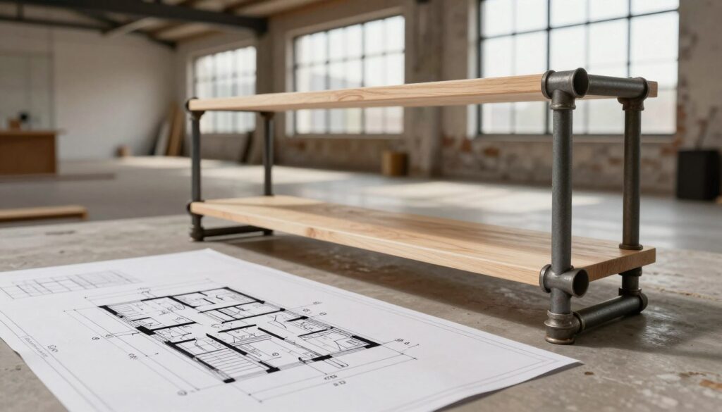 A detailed architectural plan for a loft-style shelf made from hydraulic pipes, showcasing the construction layout, dimensions, and shelf placements. The foreground features a blueprint with precise measurements and annotations, including load distribution markings. In the middle ground, a partially constructed shelf stands, highlighting the aesthetic finish and industrial design elements of the pipes. The background presents a spacious, modern loft interior, with soft natural lighting filtering through large windows, creating a warm and inviting atmosphere. The camera angle is slightly above eye level, showcasing both the plan and the shelf in a cohesive manner. The overall mood is focused and professional, ideal for illustrating the planning phase of the construction project. A detailed architectural plan for a loft-style shelf made from hydraulic pipes, showcasing the construction layout, dimensions, and shelf placements. The foreground features a blueprint with precise measurements and annotations, including load distribution markings. In the middle ground, a partially constructed shelf stands, highlighting the aesthetic finish and industrial design elements of the pipes. The background presents a spacious, modern loft interior, with soft natural lighting filtering through large windows, creating a warm and inviting atmosphere. The camera angle is slightly above eye level, showcasing both the plan and the shelf in a cohesive manner. The overall mood is focused and professional, ideal for illustrating the planning phase of the construction project.