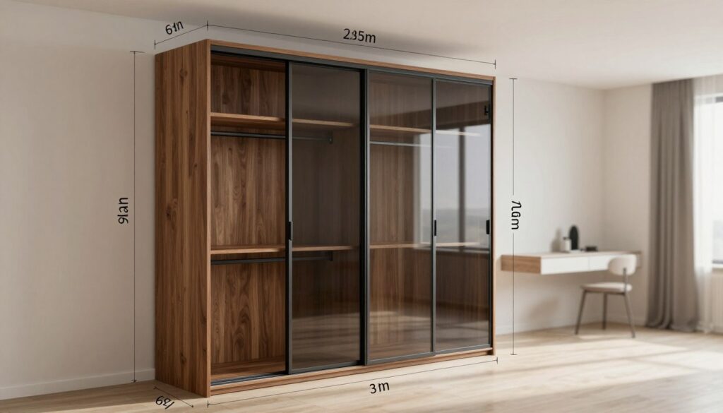 A detailed architectural sketch of a sliding wardrobe showing precise measurements and dimensions. In the foreground, focus on a sleek modern wardrobe with sliding doors, crafted from polished wood and glass. The middle ground features accurate dimension lines and annotations indicating width, height, and depth of the wardrobe. In the background, a clean and organized room setting with neutral-colored walls and minimalistic decor, providing context for the wardrobe. Soft, natural lighting pours in from a window, casting gentle shadows to emphasize the wardrobe's features. The angle should capture both the front view and a side profile to demonstrate the sliding mechanism. The overall mood is informative and professional, ideal for a home improvement concept.