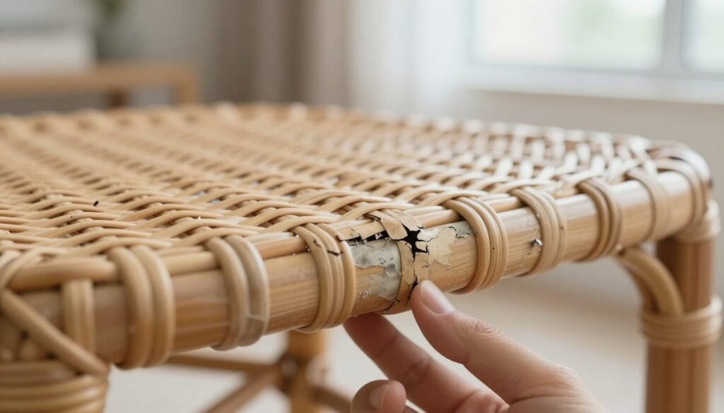 A detailed close-up of a rattan furniture piece showing various signs of wear and tear, such as cracks, loose joints, and faded colors. The foreground features a hand gently inspecting the rattan weave, highlighting damage and areas that need attention. In the middle, the focus shifts to the surface texture of the rattan, showcasing its natural patterns and imperfections. The background is softly blurred, featuring a well-lit room with soft natural light filtering through a window, creating an inviting atmosphere. The overall mood is practical and informative, emphasizing the assessment of furniture condition before repair. The composition should include neutral tones to reflect a cozy home environment.