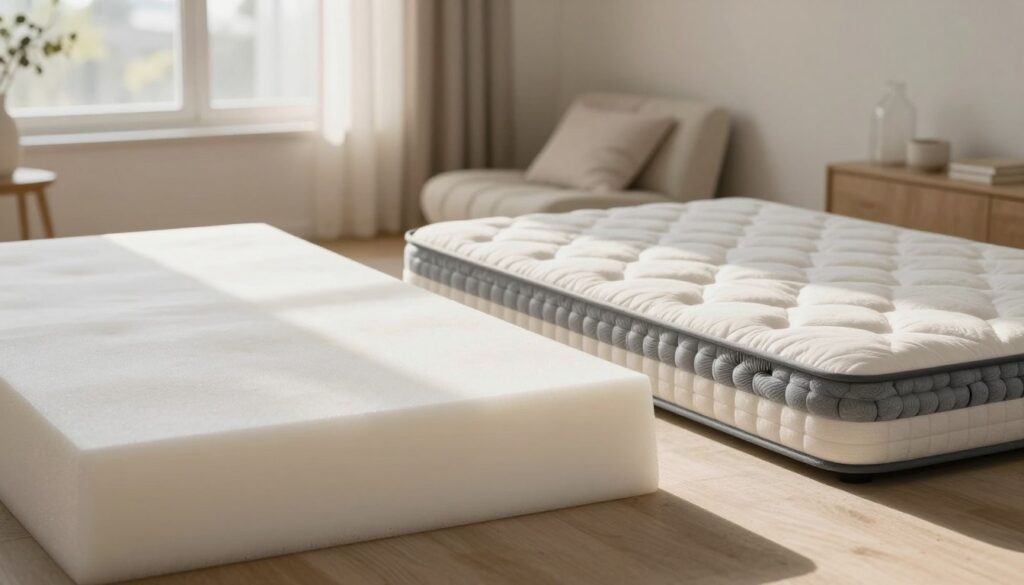 A detailed comparison image showcasing a foam mattress and a spring mattress, side by side. In the foreground, a plush foam mattress with a smooth surface, highlighting its durability and comfort features, with a gentle light casting soft shadows. Next to it, a traditional spring mattress with visible coils, emphasizing its structural integrity and resistance to deformation. In the middle ground, a cozy bedroom scene with neutral wall colors and soft bedding, creating an inviting atmosphere. The background features a serene window with soft, warm daylight streaming in, enhancing the peaceful mood. Use a slight top-down angle to present both mattresses clearly, ensuring a professional presentation without any text or distractions. A detailed comparison image showcasing a foam mattress and a spring mattress, side by side. In the foreground, a plush foam mattress with a smooth surface, highlighting its durability and comfort features, with a gentle light casting soft shadows. Next to it, a traditional spring mattress with visible coils, emphasizing its structural integrity and resistance to deformation. In the middle ground, a cozy bedroom scene with neutral wall colors and soft bedding, creating an inviting atmosphere. The background features a serene window with soft, warm daylight streaming in, enhancing the peaceful mood. Use a slight top-down angle to present both mattresses clearly, ensuring a professional presentation without any text or distractions.