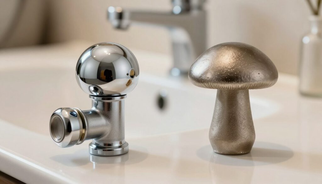 A detailed comparison image showing two types of sink stopcocks: a spherical (kulowy) valve and a mushroom (grzybkowy) valve. In the foreground, the kulowy valve is showcased on the left, exhibiting its rounded, smooth surface and polished chrome finish, reflecting light. On the right, the grzybkowy valve displays a distinct mushroom shape, with a textured surface and a matte finish. The background features a stylish bathroom setting with a sink and faucet, subtly blurred to emphasize the valves. Warm, natural lighting enhances the professional atmosphere, creating a clean and inviting look. The scene captures the essence of modern plumbing components, highlighting the functionality and aesthetic appeal of each valve type.