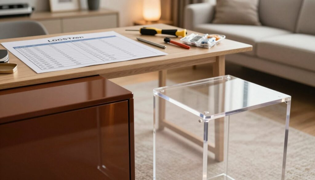 A detailed composition showcasing the costs associated with acrylic and lacquered furniture. In the foreground, two furniture pieces side-by-side: one a glossy lacquered cabinet reflecting light, and the other a sleek acrylic side table with a subtle sheen. In the middle ground, a well-organized workspace features cost breakdown charts, tools for installation, and repair kits, hinting at maintenance requirements. The background presents a modern living room setting with soft, ambient lighting to create a warm and inviting atmosphere. Use a shallow depth of field to focus on the furniture and cost elements, with a slight tilt angle for dynamic perspective. The overall mood is professional and informative, aimed at illustrating financial considerations in furniture selection. A detailed composition showcasing the costs associated with acrylic and lacquered furniture. In the foreground, two furniture pieces side-by-side: one a glossy lacquered cabinet reflecting light, and the other a sleek acrylic side table with a subtle sheen. In the middle ground, a well-organized workspace features cost breakdown charts, tools for installation, and repair kits, hinting at maintenance requirements. The background presents a modern living room setting with soft, ambient lighting to create a warm and inviting atmosphere. Use a shallow depth of field to focus on the furniture and cost elements, with a slight tilt angle for dynamic perspective. The overall mood is professional and informative, aimed at illustrating financial considerations in furniture selection.