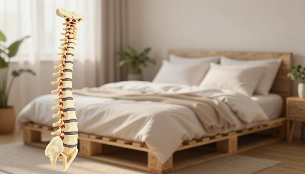 A detailed illustration of a human spine in a warm, inviting bedroom setting featuring a pallet bed. In the foreground, showcase a realistic, anatomically correct spine, emphasizing its curves and structure, perhaps with gentle highlighting to reflect anatomical features. The middle ground should depict a cozy pallet bed with soft linens, surrounded by natural elements like plants to evoke a sense of comfort and health. In the background, soft, diffused sunlight filters through sheer curtains, creating a calm and serene atmosphere. The mood should emphasize relaxation and well-being, capturing the essence of spinal health. Use a shallow depth of field to ensure the spine is the focal point, with a soft focus on the pallet bed and surroundings. The overall composition should be enlightening and supportive of the theme of comfort and health.