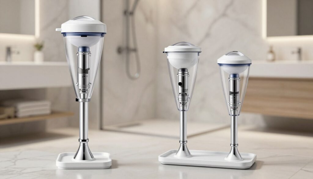 A detailed illustration of a siphon designed for both low and high shower trays, showcasing two siphon models side by side for comparison. The foreground features a sleek modern siphon with a transparent design, highlighting its inner mechanism. In the middle, the different height options of the siphons are clearly presented, emphasizing the importance of selecting the right height for efficient water drainage. The background depicts a well-lit bathroom environment, elegantly styled with marble tiles and soft ambient lighting highlighting the siphons. The atmosphere is practical yet stylish, aiming to provide clarity on siphon height selection. The composition captures a professional, clean look, perfect for an informative article.