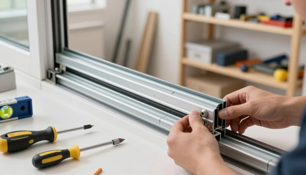 A detailed illustration of a sliding door installation process, focusing on the precise mounting of upper and lower rail guides. In the foreground, show a pair of hands adjusting the rail guides, with tools like a level and screwdriver nearby, emphasizing careful alignment. The middle section features the sleek metal rail guides securely mounted to the doorframe, with visible markings for alignment. The background should depict a well-lit workspace, with a soft-focus on shelves filled with tools and components, creating a professional atmosphere. Use natural lighting to highlight the details of the installation, ensuring a bright, clean look that conveys a sense of organization and precision. A detailed illustration of a sliding door installation process, focusing on the precise mounting of upper and lower rail guides. In the foreground, show a pair of hands adjusting the rail guides, with tools like a level and screwdriver nearby, emphasizing careful alignment. The middle section features the sleek metal rail guides securely mounted to the doorframe, with visible markings for alignment. The background should depict a well-lit workspace, with a soft-focus on shelves filled with tools and components, creating a professional atmosphere. Use natural lighting to highlight the details of the installation, ensuring a bright, clean look that conveys a sense of organization and precision.