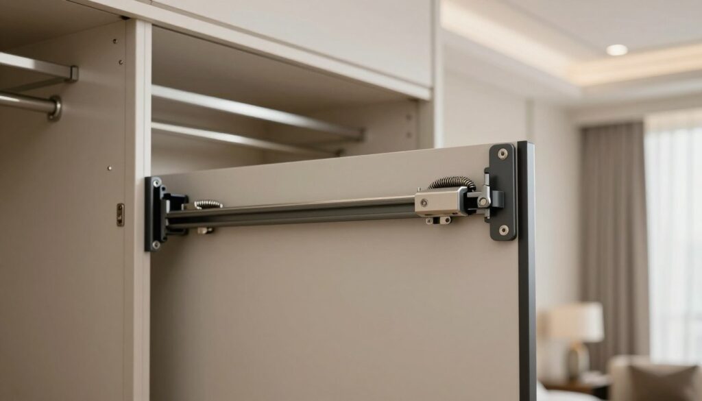 A detailed image of a sliding door slow-down mechanism (spowalniacz szafy przesuwnej) prominently displayed in a well-lit setting. In the foreground, show the mechanism with close-up details of its components, such as the springs, brackets, and control system. In the middle ground, depict a sleek, modern sliding closet door partially open, highlighting the smooth operation facilitated by the slow-down mechanism. The background should feature an elegant, minimalistic room interior with neutral tones, soft ambient lighting, and a hint of natural light coming through a window, creating a calm and inviting mood. Capture the image from a slightly lower angle to emphasize the mechanism's design and functionality. A detailed image of a sliding door slow-down mechanism (spowalniacz szafy przesuwnej) prominently displayed in a well-lit setting. In the foreground, show the mechanism with close-up details of its components, such as the springs, brackets, and control system. In the middle ground, depict a sleek, modern sliding closet door partially open, highlighting the smooth operation facilitated by the slow-down mechanism. The background should feature an elegant, minimalistic room interior with neutral tones, soft ambient lighting, and a hint of natural light coming through a window, creating a calm and inviting mood. Capture the image from a slightly lower angle to emphasize the mechanism's design and functionality.