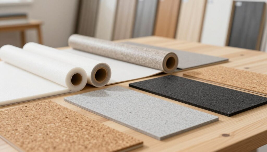 A detailed image of various types of underlayments for vinyl flooring, showcasing an array of options such as foam, cork, and rubber materials, neatly arranged on a clean wooden surface. In the foreground, include close-up textures of these underlayments, emphasizing their unique characteristics and colors. In the middle ground, display rolls and sheets of each material, partially unrolled, suggesting their application. The background should feature a well-lit interior space, ideally with samples of vinyl flooring in different colors and patterns, highlighting their compatibility with the underlayments. The atmosphere should convey a sense of professionalism and choice, with soft, natural lighting that enhances the textures and colors, creating an inviting mood for home improvement enthusiasts. A detailed image of various types of underlayments for vinyl flooring, showcasing an array of options such as foam, cork, and rubber materials, neatly arranged on a clean wooden surface. In the foreground, include close-up textures of these underlayments, emphasizing their unique characteristics and colors. In the middle ground, display rolls and sheets of each material, partially unrolled, suggesting their application. The background should feature a well-lit interior space, ideally with samples of vinyl flooring in different colors and patterns, highlighting their compatibility with the underlayments. The atmosphere should convey a sense of professionalism and choice, with soft, natural lighting that enhances the textures and colors, creating an inviting mood for home improvement enthusiasts.