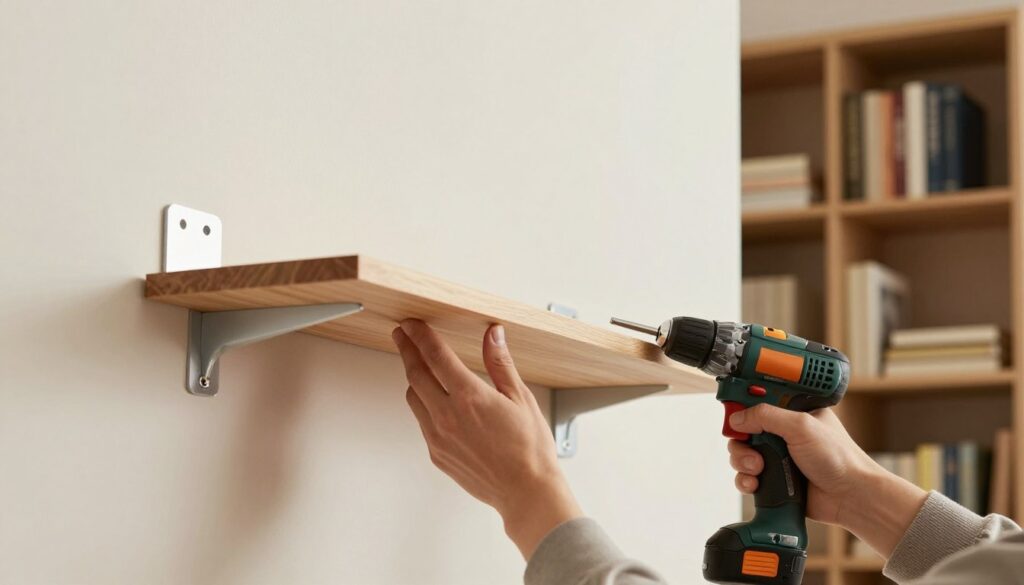 A detailed step-by-step illustration of mounting invisible brackets for a shelf installation, focusing on the bracket assembly process. The foreground features hands of a person in modest casual clothing, holding tools like a drill and a measuring tape, demonstrating the correct placement of the brackets on a pristine wall. In the middle, the sleek, modern shelf is partially mounted, showcasing the hidden brackets that support it, elegantly blending with the wall. The background displays a cozy, well-lit room with bookshelves filled with various books, creating a warm and inviting atmosphere. Soft, diffused lighting highlights the textures of the wall and the shelf, while an engaging angle captures the hands' precision in the task.