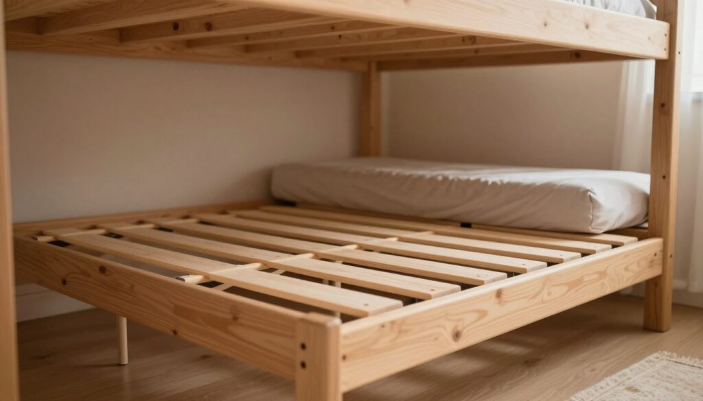 A detailed view of a bed base designed for a loft bed, showcasing sturdy wooden beams and slats forming a robust mattress support structure. The foreground features well-crafted timber beams, arranged to demonstrate stability and safety, with a focus on the joins and ventilation gaps for air circulation. The middle layer includes a neatly arranged mattress resting on the slats, with a cozy, inviting appearance. In the background, a softly lit room indicates an upper loft area, enhancing the sense of height and space. The lighting is warm and inviting, casting subtle shadows that emphasize the craftsmanship. The mood is calm and reassuring, suggesting safety and comfort in a loft bedroom environment, ideal for restful sleep. A detailed view of a bed base designed for a loft bed, showcasing sturdy wooden beams and slats forming a robust mattress support structure. The foreground features well-crafted timber beams, arranged to demonstrate stability and safety, with a focus on the joins and ventilation gaps for air circulation. The middle layer includes a neatly arranged mattress resting on the slats, with a cozy, inviting appearance. In the background, a softly lit room indicates an upper loft area, enhancing the sense of height and space. The lighting is warm and inviting, casting subtle shadows that emphasize the craftsmanship. The mood is calm and reassuring, suggesting safety and comfort in a loft bedroom environment, ideal for restful sleep.
