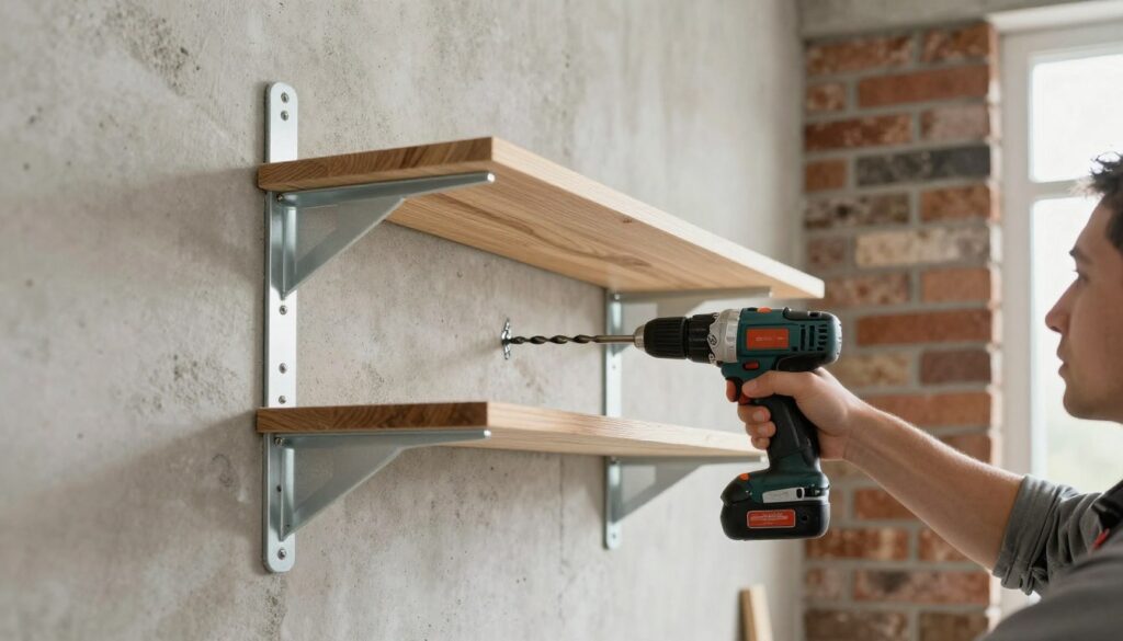 A detailed view of a shelving unit being securely mounted to an interior wall made of concrete and brick. In the foreground, a professional installer, dressed in a modest casual outfit, carefully aligns the shelf bracket with a power drill. The drill's bit is positioned against the wall where a concrete anchor is being installed. In the middle ground, the shelves are partially assembled, showcasing a mix of wooden and metal materials. In the background, the textured patterns of the concrete and brick wall add depth and contrast. Soft, even lighting highlights the tools and materials, while natural light filters in through a nearby window, creating a focused yet inviting atmosphere. The image captures the precision and care involved in safe shelving installation. A detailed view of a shelving unit being securely mounted to an interior wall made of concrete and brick. In the foreground, a professional installer, dressed in a modest casual outfit, carefully aligns the shelf bracket with a power drill. The drill's bit is positioned against the wall where a concrete anchor is being installed. In the middle ground, the shelves are partially assembled, showcasing a mix of wooden and metal materials. In the background, the textured patterns of the concrete and brick wall add depth and contrast. Soft, even lighting highlights the tools and materials, while natural light filters in through a nearby window, creating a focused yet inviting atmosphere. The image captures the precision and care involved in safe shelving installation.