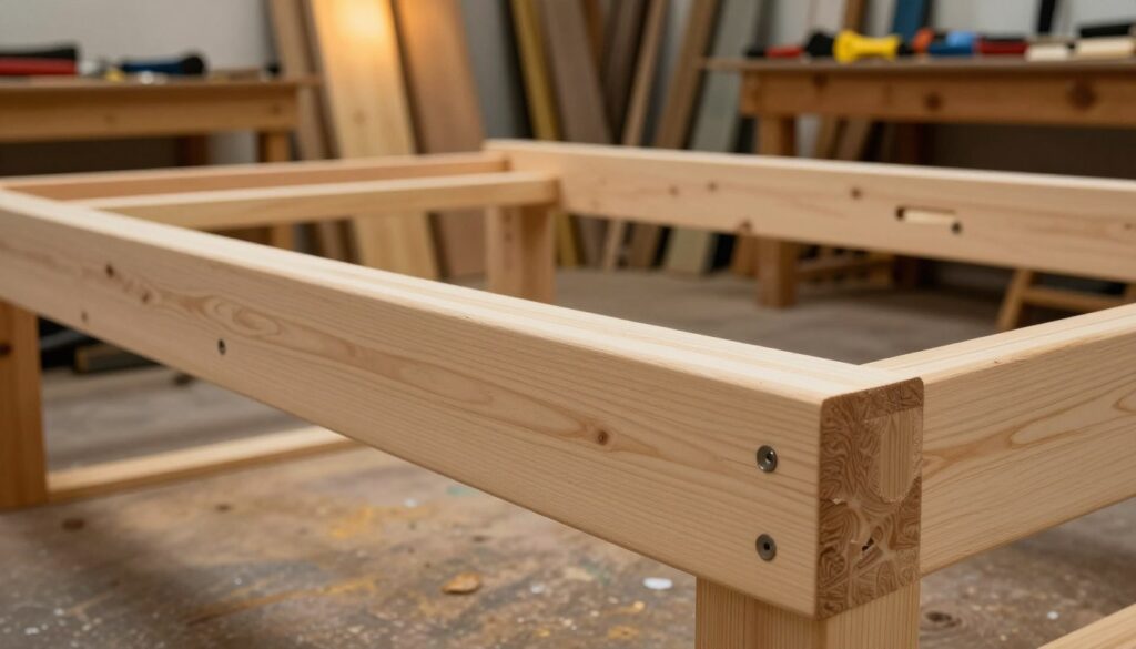A detailed wooden bed frame construction scene featuring a central reinforcement beam, additional legs, and corner brackets. In the foreground, focus on the solid central beam, clearly showcasing its craftsmanship and texture. In the middle ground, include the well-structured legs and corner support brackets, emphasizing their strength and stability. The background should depict a workshop environment, with tools and wood materials neatly arranged, illuminated by warm overhead lighting to create a cozy atmosphere. The angle should provide a clear view of the assembly process, highlighting the connections between components. The mood is professional and focused, suitable for a DIY enthusiast or craftsman. No text, logos, or human figures should be present in the image. A detailed wooden bed frame construction scene featuring a central reinforcement beam, additional legs, and corner brackets. In the foreground, focus on the solid central beam, clearly showcasing its craftsmanship and texture. In the middle ground, include the well-structured legs and corner support brackets, emphasizing their strength and stability. The background should depict a workshop environment, with tools and wood materials neatly arranged, illuminated by warm overhead lighting to create a cozy atmosphere. The angle should provide a clear view of the assembly process, highlighting the connections between components. The mood is professional and focused, suitable for a DIY enthusiast or craftsman. No text, logos, or human figures should be present in the image.