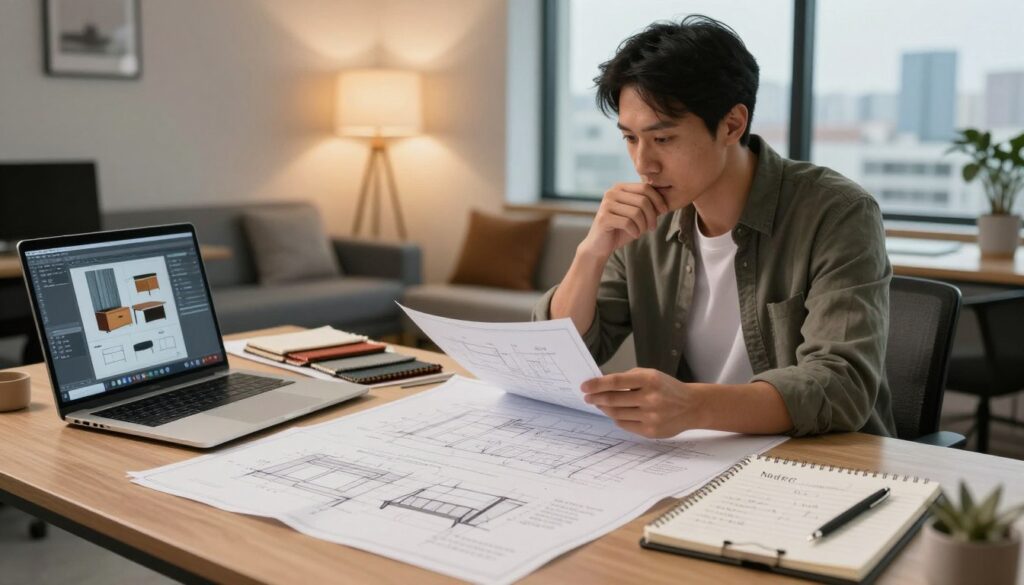 A detailed workspace showcasing a professional setting for furniture project estimation. In the foreground, a well-organized desk cluttered with architectural blueprints, a laptop displaying a design software interface, and a notepad filled with written notes about furniture specifications. In the middle ground, a thoughtful professional wearing smart casual attire examines the blueprints with a focused expression, surrounded by various fabric swatches and material samples. The background features a serene office environment with warm, soft lighting illuminating the space, and a large window revealing a view of a cityscape. The atmosphere conveys meticulousness and creativity, inviting viewers to engage in the project planning process.