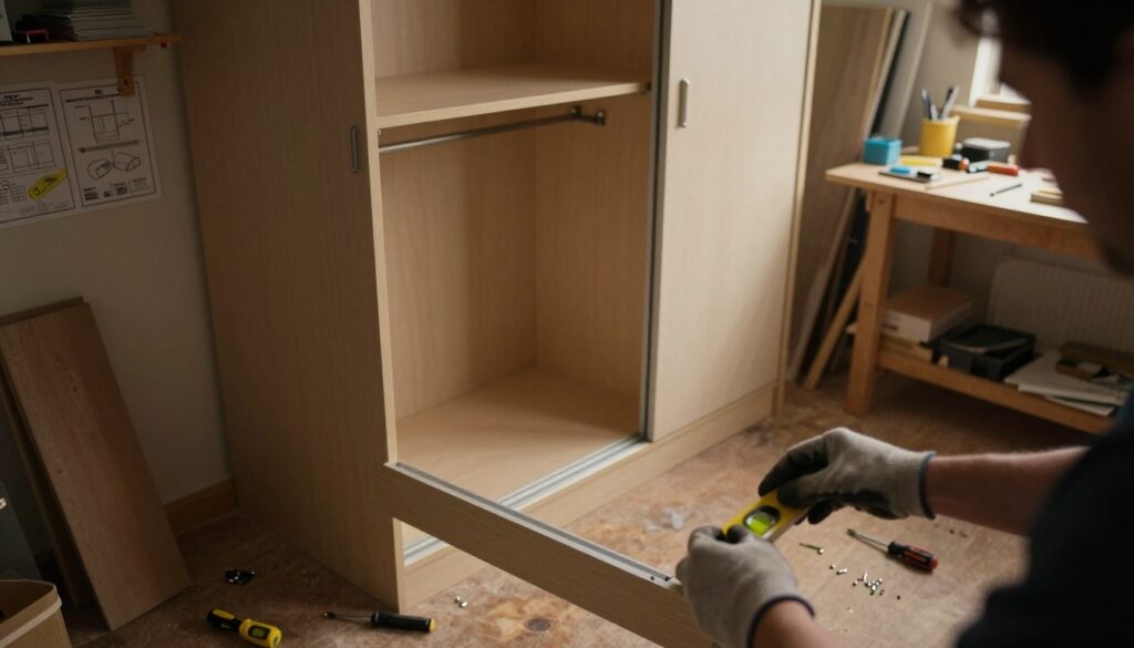 A dimly lit workshop showcasing a partially assembled sliding wardrobe. In the foreground, a close-up view of two hands, wearing gloves, struggling to adjust a misaligned sliding door. Various tools like a screwdriver, a level, and small screws are scattered nearby. In the middle ground, a nearly finished wardrobe stands on a sturdy base, with one door slightly ajar, revealing internal shelving and hanging space. The background features shelves lined with assembly instructions and a cluttered workbench bathed in warm, soft lighting, enhancing a sense of determination. The overall mood reflects the challenges of assembly, emphasizing focus and problem-solving without expressing frustration. The angle is slightly overhead, allowing a comprehensive view of the workspace while maintaining emphasis on the hands and wardrobe. A dimly lit workshop showcasing a partially assembled sliding wardrobe. In the foreground, a close-up view of two hands, wearing gloves, struggling to adjust a misaligned sliding door. Various tools like a screwdriver, a level, and small screws are scattered nearby. In the middle ground, a nearly finished wardrobe stands on a sturdy base, with one door slightly ajar, revealing internal shelving and hanging space. The background features shelves lined with assembly instructions and a cluttered workbench bathed in warm, soft lighting, enhancing a sense of determination. The overall mood reflects the challenges of assembly, emphasizing focus and problem-solving without expressing frustration. The angle is slightly overhead, allowing a comprehensive view of the workspace while maintaining emphasis on the hands and wardrobe.