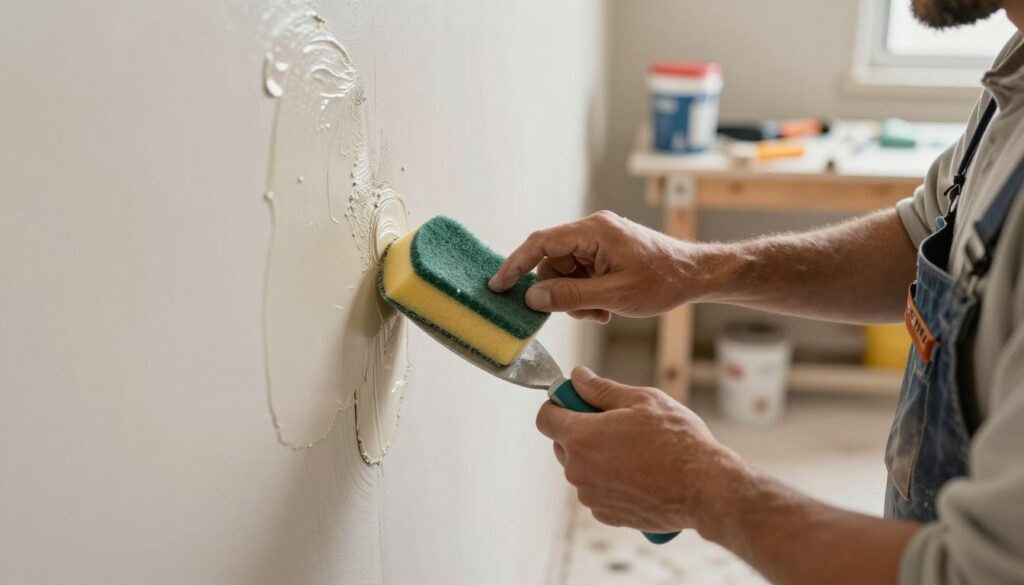 A focused scene depicting a professional tool known as a "paca gąbkowa" (sponge trowel) being used to smooth wall joints, showcasing its circular motion. In the foreground, the sponge trowel is held by a skilled worker in a comfortable, modest outfit, demonstrating precise gestures while applying a layer of joint compound. The middle ground displays a partially finished wall, showcasing a smooth, freshly applied coat of compound that glistens under soft, diffused lighting. The background reveals a well-organized workspace, with tools and materials neatly arranged, enhancing a professional atmosphere. The lighting is warm and inviting, creating a sense of focus and dedication to the task at hand. The overall mood is one of efficiency and craftsmanship.