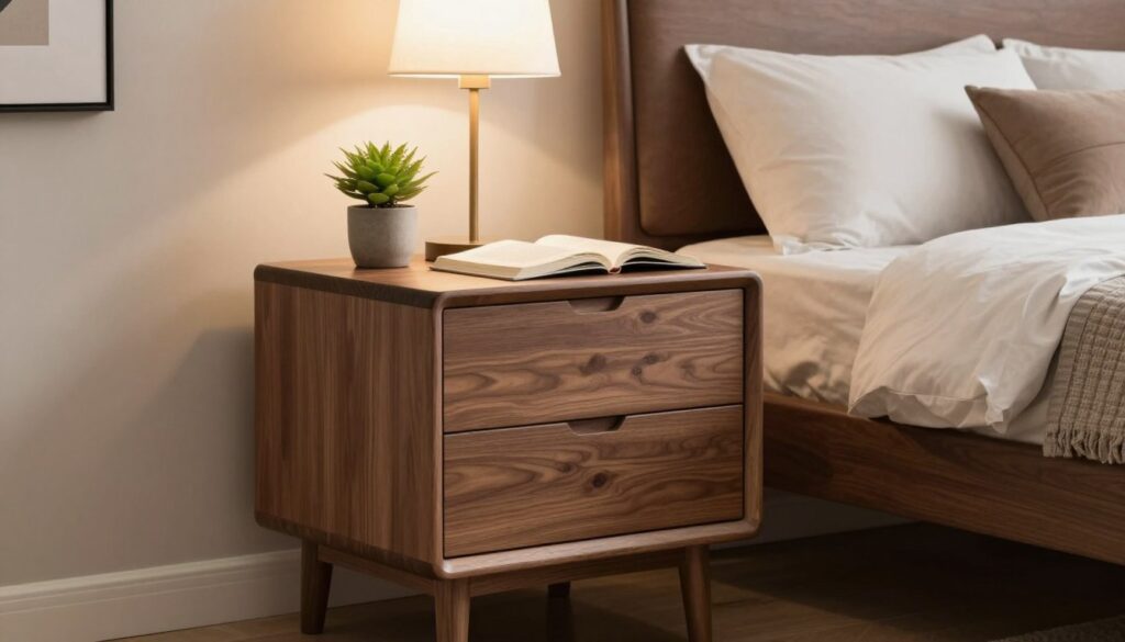 A functional nightstand made of rich wenge wood, showcasing sleek lines and a modern design. The nightstand features two neatly organized drawers and a smooth, minimalistic tabletop, positioned in a softly lit bedroom setting. In the foreground, focus on the nightstand adorned with a small potted plant, a stylish lamp casting warm light, and an open book. The middle ground shows a plush, inviting bed with neutral-colored bedding and elegant pillows, complementing the dark wood of the nightstand. In the background, a softly blurred view of light-colored walls and a piece of abstract art creates a tranquil and cozy atmosphere. The lighting is warm and inviting, enhancing the comfort and functionality of the nightstand. A functional nightstand made of rich wenge wood, showcasing sleek lines and a modern design. The nightstand features two neatly organized drawers and a smooth, minimalistic tabletop, positioned in a softly lit bedroom setting. In the foreground, focus on the nightstand adorned with a small potted plant, a stylish lamp casting warm light, and an open book. The middle ground shows a plush, inviting bed with neutral-colored bedding and elegant pillows, complementing the dark wood of the nightstand. In the background, a softly blurred view of light-colored walls and a piece of abstract art creates a tranquil and cozy atmosphere. The lighting is warm and inviting, enhancing the comfort and functionality of the nightstand.