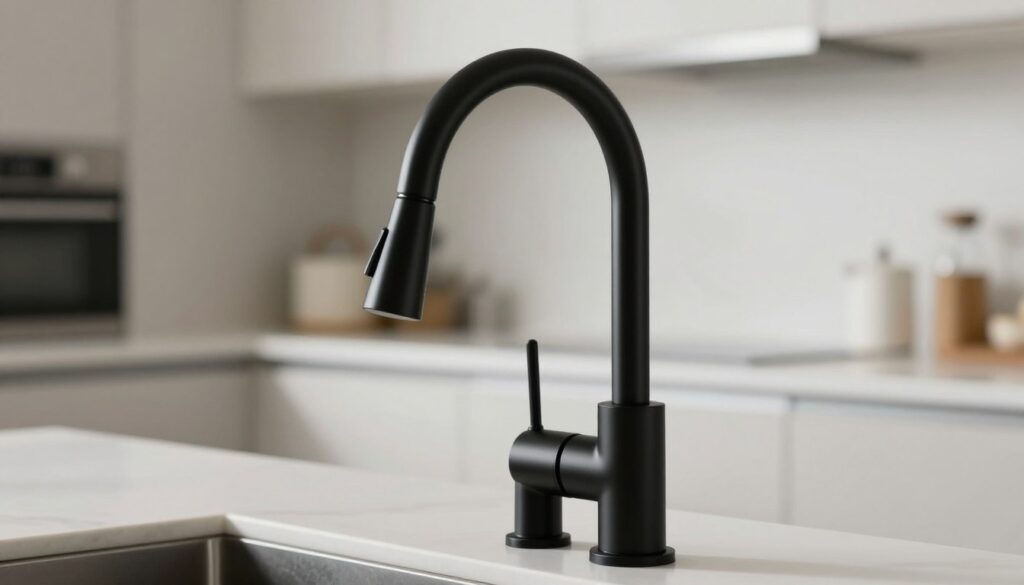 A graceful black faucet set in a modern kitchen environment, showcasing its sleek design and elegant curve. The foreground highlights the lustrous surface of the black faucet, with soft reflections of light emphasizing its polished finish. In the background, a minimalist kitchen setting with blurred cabinetry and countertops hints at daily life while keeping the focus on the faucet. The lighting is soft yet bright, casting gentle shadows that accentuate the faucet's contours. The atmosphere is clean, fresh, and inviting, embodying a sense of elegance and modernity. Capture this scene from a slightly elevated angle, allowing for an unobstructed view of the faucet and its surroundings, while ensuring there are no people or distracting elements present in the composition.