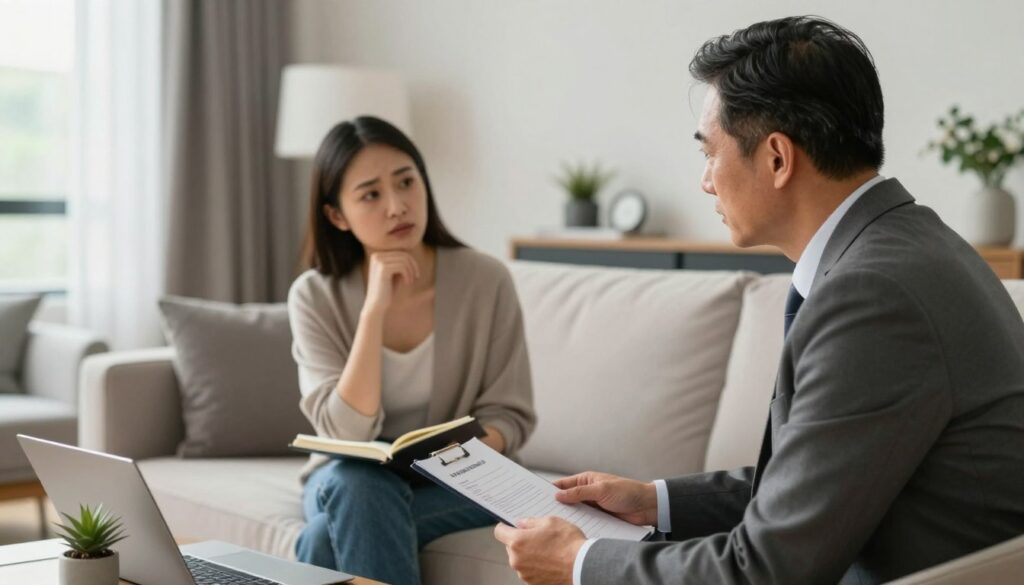 A landlord and tenant in a modern, elegantly furnished apartment setting, engaged in a serious discussion about the implications of living without official residency registration. In the foreground, the landlord, a middle-aged man in professional attire, looks concerned while holding a lease agreement. In the middle ground, the tenant, a young woman in modest casual clothing, appears thoughtful as she listens intently, with an open notebook in her lap. The background shows contemporary decor and a large window allowing natural light to fill the room, creating a warm yet tense atmosphere. The lighting is soft and inviting, emphasizing the gravity of their conversation. A slight depth of field effect adds focus to their expressions, highlighting the tension and the considerations at stake in the situation.