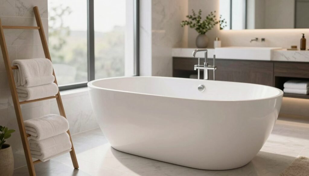 A luxurious bathroom featuring a freestanding bathtub as the centerpiece, positioned elegantly near a large window allowing natural light to fill the space. In the foreground, plush towels are neatly arranged on a stylish ladder shelf, while decorative plants add a touch of greenery. The middle ground showcases the sleek, modern bathtub with a contemporary faucet design, set against a backdrop of beautifully tiled walls and a spacious vanity. In the background, soft lighting highlights the overall ambiance, creating a serene and inviting atmosphere. The lens captures the scene from a slightly elevated angle, emphasizing the layout and flow of the bathroom without clutter, allowing the viewer to appreciate the design and functionality of the space. A luxurious bathroom featuring a freestanding bathtub as the centerpiece, positioned elegantly near a large window allowing natural light to fill the space. In the foreground, plush towels are neatly arranged on a stylish ladder shelf, while decorative plants add a touch of greenery. The middle ground showcases the sleek, modern bathtub with a contemporary faucet design, set against a backdrop of beautifully tiled walls and a spacious vanity. In the background, soft lighting highlights the overall ambiance, creating a serene and inviting atmosphere. The lens captures the scene from a slightly elevated angle, emphasizing the layout and flow of the bathroom without clutter, allowing the viewer to appreciate the design and functionality of the space.