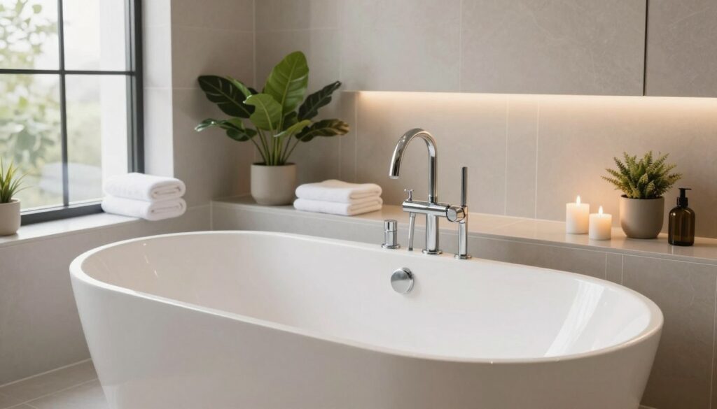 A luxurious bathroom featuring a stunning freestanding bathtub, elegantly positioned in the center of the space. The foreground showcases the sleek, modern tub with chrome fittings and a stylish overhead faucet. In the middle, tastefully arranged decorative elements such as lush green plants, plush towels, and decorative candles create a serene vibe. The background reveals a beautifully tiled wall with soft, ambient lighting that enhances the relaxing atmosphere. Large windows allow natural light to cascade in, illuminating the space. The color palette combines soft whites, earthy tones, and metallic accents to evoke modern sophistication. Capture the image from a slightly elevated angle, emphasizing the layout and creating a sense of openness and tranquility, with a focus on the delightful details that create a "wow" effect. A luxurious bathroom featuring a stunning freestanding bathtub, elegantly positioned in the center of the space. The foreground showcases the sleek, modern tub with chrome fittings and a stylish overhead faucet. In the middle, tastefully arranged decorative elements such as lush green plants, plush towels, and decorative candles create a serene vibe. The background reveals a beautifully tiled wall with soft, ambient lighting that enhances the relaxing atmosphere. Large windows allow natural light to cascade in, illuminating the space. The color palette combines soft whites, earthy tones, and metallic accents to evoke modern sophistication. Capture the image from a slightly elevated angle, emphasizing the layout and creating a sense of openness and tranquility, with a focus on the delightful details that create a "wow" effect.