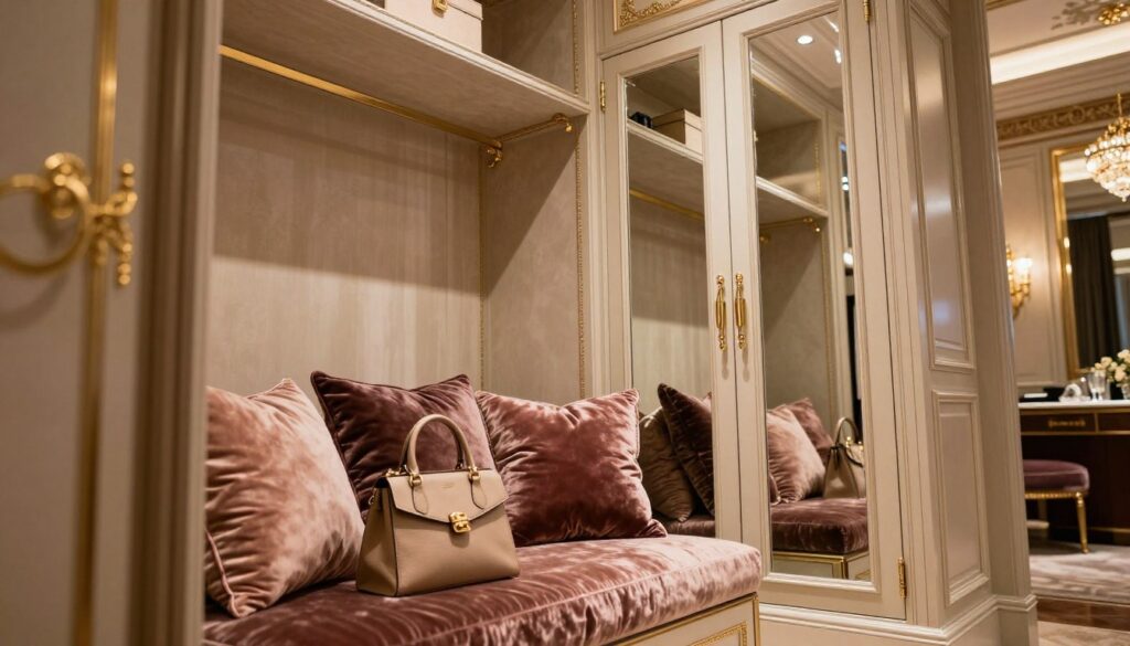 A luxurious glamour wardrobe with a built-in comfortable seating area. The wardrobe features sliding doors with elegant mirrored fronts, reflecting soft ambient lighting. The seating area, adorned with plush cushions and rich velvet fabric, adds a cozy touch. In the foreground, display an elegant, stylish handbag on the seat. The middle ground includes the wardrobe's intricate details, such as golden handles and tasteful embellishments. The background showcases a chic room setting with warm lighting that creates a sophisticated yet inviting atmosphere. Capture the scene from a slight low angle to emphasize the height of the wardrobe and the allure of the seating area, evoking a sense of luxury and comfort.
