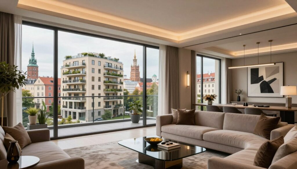 A luxurious interior scene showcasing the most expensive apartments in Poland, featuring a spacious living room with large floor-to-ceiling windows overlooking a stunning skyline of Warsaw, Gdańsk, and Kraków. In the foreground, elegant furniture with modern design elements; plush sofas, a glass coffee table, and tasteful art pieces adorn the space. The middle ground includes a view of high-end apartments with stylish balconies filled with greenery, symbolizing upscale living. The background reveals the distinct architectural styles of three cities, blending historical charm with contemporary flair. Soft, warm lighting creates an inviting atmosphere, captured from a slight angle to emphasize depth. An overall sense of sophistication and affluence pervades the scene, encapsulating the allure of Poland's priciest residential areas.