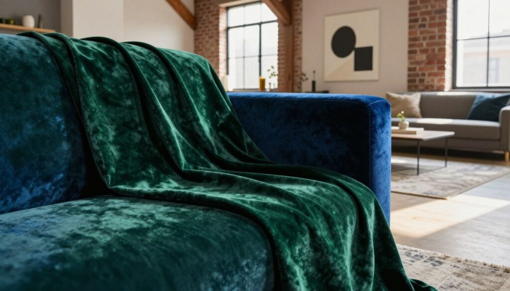 A luxurious velvet fabric in rich, deep colors such as emerald green and royal blue, draped elegantly over a modern fabric sofa. The foreground features the soft, plush texture of the velvet, inviting touch. In the middle ground, a chic loft-style living room with minimalist decor, showcasing industrial elements like exposed brick walls and wooden beams. Soft, natural light filters through large windows, casting warm shadows that enhance the velvet's luster. The background displays a stylish rug and contemporary artwork on the walls, creating a cozy yet sophisticated atmosphere. The overall mood is inviting, reflecting a blend of comfort and elegance that contributes to a loft aesthetic without feeling cold. A luxurious velvet fabric in rich, deep colors such as emerald green and royal blue, draped elegantly over a modern fabric sofa. The foreground features the soft, plush texture of the velvet, inviting touch. In the middle ground, a chic loft-style living room with minimalist decor, showcasing industrial elements like exposed brick walls and wooden beams. Soft, natural light filters through large windows, casting warm shadows that enhance the velvet's luster. The background displays a stylish rug and contemporary artwork on the walls, creating a cozy yet sophisticated atmosphere. The overall mood is inviting, reflecting a blend of comfort and elegance that contributes to a loft aesthetic without feeling cold.