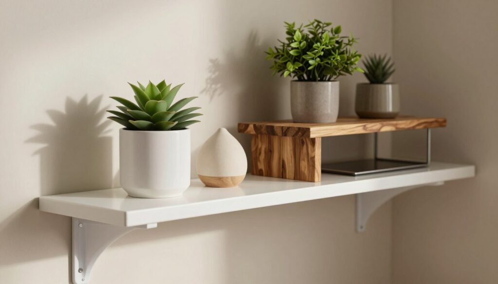 A meticulously arranged corner shelf featuring a variety of materials: a sleek white MDF shelf displaying elegant decor items, a rustic wooden shelf showcasing house plants, and a contemporary metal shelf with minimalistic design elements. The foreground highlights distinct textures of each material, with glossy finishes on the MDF and a natural grain in the wood. In the middle, these shelves are artfully positioned against a soft, neutral-colored wall, enhancing their appearance. The background softly blurs to maintain focus on the shelves while hinting at a well-lit, airy room. The warm, inviting lighting casts gentle shadows, creating a cozy atmosphere that reflects durability and style. Capture this scene from a slightly elevated angle, emphasizing the unique interplay of materials and their contributions to a stylish interior. A meticulously arranged corner shelf featuring a variety of materials: a sleek white MDF shelf displaying elegant decor items, a rustic wooden shelf showcasing house plants, and a contemporary metal shelf with minimalistic design elements. The foreground highlights distinct textures of each material, with glossy finishes on the MDF and a natural grain in the wood. In the middle, these shelves are artfully positioned against a soft, neutral-colored wall, enhancing their appearance. The background softly blurs to maintain focus on the shelves while hinting at a well-lit, airy room. The warm, inviting lighting casts gentle shadows, creating a cozy atmosphere that reflects durability and style. Capture this scene from a slightly elevated angle, emphasizing the unique interplay of materials and their contributions to a stylish interior.