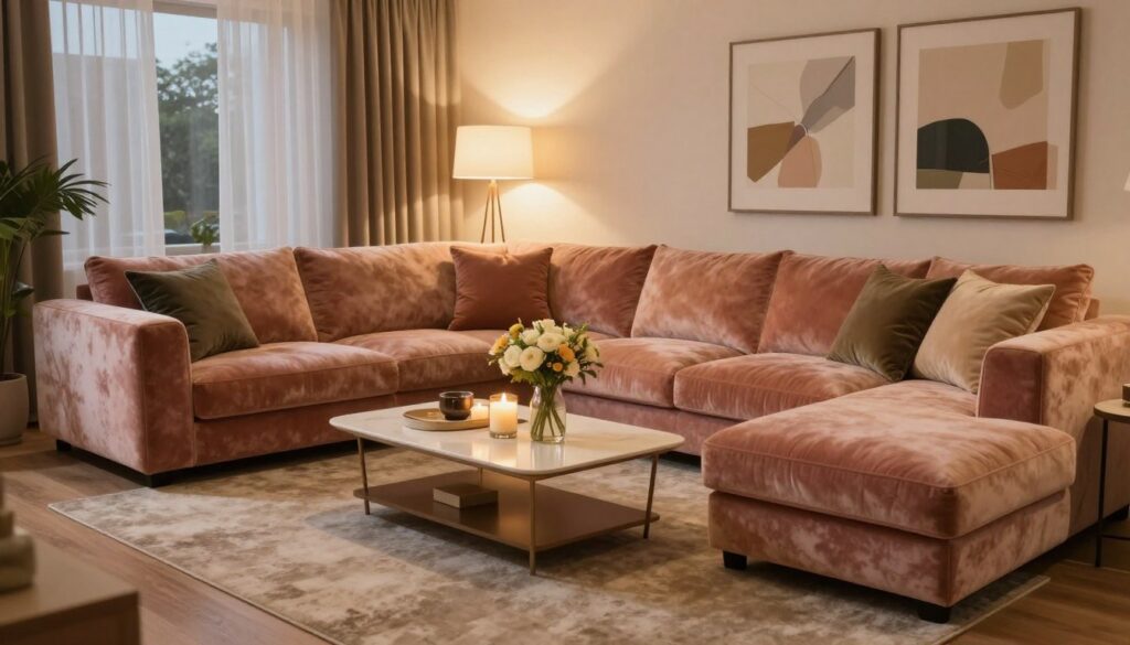 A modern and elegant living room showcasing a stylish "Gala" corner sofa as the centerpiece. In the foreground, the sofa is upholstered in a soft, luxurious fabric with vibrant colors, adorned with plush cushions. In the middle, a chic coffee table with decorative items like candles and a vase of fresh flowers creates a welcoming atmosphere. The background features warm, ambient lighting from floor lamps and softly illuminated wall art, contributing to a serene and cozy vibe. Use a wide-angle lens to capture the entire space, emphasizing the comfort and sophistication of the setting. The overall mood should exude tranquility and support, inviting viewers to envision their own relaxing retreat.