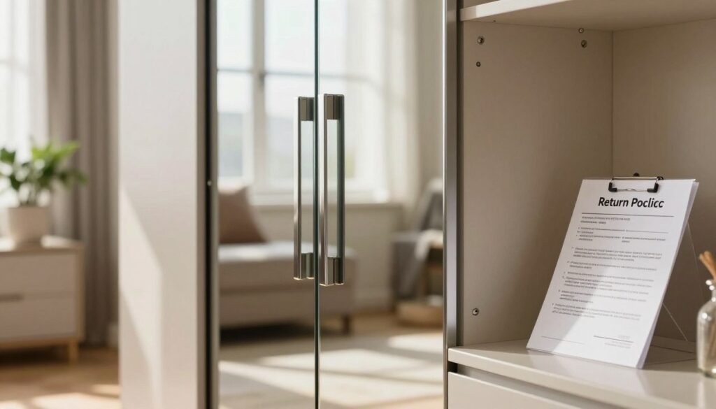 A modern and elegant sliding wardrobe displayed in a bright, stylish room. The wardrobe features sleek, glossy fronts with reflective mirrors that enhance its glamourous appeal. In the foreground, a detailed view shows glistening handles and a soft close mechanism, emphasizing quality. To the side, a neatly arranged return policy document, symbolizing clarity and safety in online purchases, sits atop a polished surface. The middle ground captures the soothing ambiance of the room with warm, natural lighting filtering through a window, creating inviting shadows. The background reveals tasteful decor, including a potted plant and soft textiles, reinforcing a sophisticated atmosphere. The overall mood is serene and professional, reflecting confidence in online shopping for furniture.