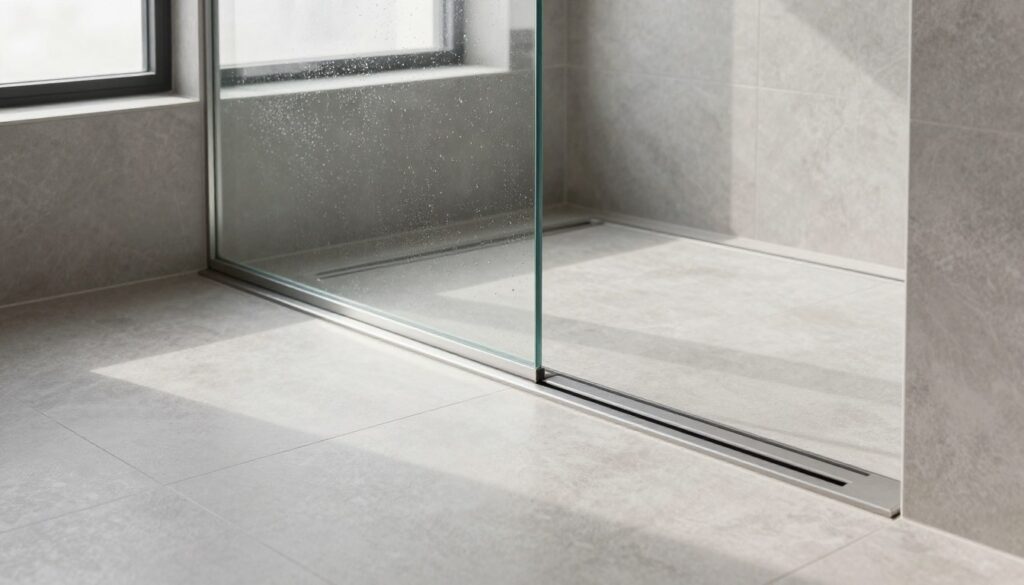 A modern and stylish small bathroom featuring a linear drain in the shower area. In the foreground, the sleek linear drain is integrated into a polished tile floor, showing its seamless design. In the middle ground, the shower area highlights a glass partition, with soft water droplets on the glass, creating a refreshing atmosphere. The tiles are a light gray with subtle patterns, enhancing the contemporary aesthetic. In the background, soft natural light filters through a frosted window, casting gentle shadows and creating a calm, inviting mood. The scene conveys a sense of space efficiency and elegant simplicity, ideal for small bathroom design. The composition is captured from a slightly elevated angle, emphasizing both the linear drain and the overall layout. A modern and stylish small bathroom featuring a linear drain in the shower area. In the foreground, the sleek linear drain is integrated into a polished tile floor, showing its seamless design. In the middle ground, the shower area highlights a glass partition, with soft water droplets on the glass, creating a refreshing atmosphere. The tiles are a light gray with subtle patterns, enhancing the contemporary aesthetic. In the background, soft natural light filters through a frosted window, casting gentle shadows and creating a calm, inviting mood. The scene conveys a sense of space efficiency and elegant simplicity, ideal for small bathroom design. The composition is captured from a slightly elevated angle, emphasizing both the linear drain and the overall layout.