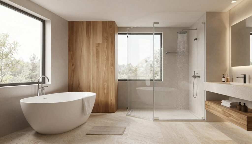 A modern bathroom design showcasing a spacious layout with both a stylish bathtub and a sleek shower area. In the foreground, a contemporary freestanding tub with elegant curves sits atop a textured stone floor, adorned with minimalist accessories. The middle features a seamless glass shower enclosure with a rain showerhead and cascading water, complemented by warm wood accents. In the background, large windows allow natural light to flood in, highlighting neutral-toned tiles and clean lines that enhance the sense of space. The atmosphere is serene and inviting, with soft, diffused lighting creating a calm ambiance. The scene emphasizes functional zones with thoughtful measurements to ensure comfort, reflecting a harmonious balance between luxury and practicality.