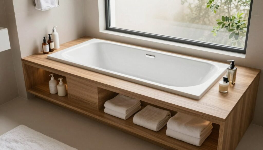 A modern bathroom featuring a sleek built-in bathtub, designed with minimalist aesthetics. The foreground showcases a beautifully crafted wooden surround that provides additional storage space, with neatly organized towels and bathing essentials. In the middle, the bathtub is elegantly integrated with smooth, light-colored tiles reflecting natural light. The background reveals a large, frosted window allowing soft daylight to filter in, enhancing the serene atmosphere. The lighting is soft and warm, creating a cozy yet sophisticated mood. The overall color palette is composed of neutral tones, complemented by a few green plants for a refreshing touch. Capture the image from a slightly elevated angle to emphasize the stylish design and functionality of the bathtub surround. A modern bathroom featuring a sleek built-in bathtub, designed with minimalist aesthetics. The foreground showcases a beautifully crafted wooden surround that provides additional storage space, with neatly organized towels and bathing essentials. In the middle, the bathtub is elegantly integrated with smooth, light-colored tiles reflecting natural light. The background reveals a large, frosted window allowing soft daylight to filter in, enhancing the serene atmosphere. The lighting is soft and warm, creating a cozy yet sophisticated mood. The overall color palette is composed of neutral tones, complemented by a few green plants for a refreshing touch. Capture the image from a slightly elevated angle to emphasize the stylish design and functionality of the bathtub surround.