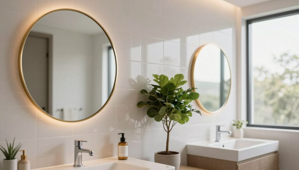 A modern bathroom featuring elegant mirrors that create an illusion of spaciousness while reflecting soft, warm light. The foreground showcases a prominent, stylish round mirror with a gold frame, elegantly mounted above a sleek sink. In the middle ground, a wall of reflective tiles enhances the luminosity, paired with a lush potted plant for a touch of nature. The background features a large window allowing natural light to flood the space, providing an airy feel. The lighting is bright and inviting, aiming to evoke a sense of calm and sophistication. The overall mood is serene and contemporary, ideal for a stylish yet functional bathroom setting. A modern bathroom featuring elegant mirrors that create an illusion of spaciousness while reflecting soft, warm light. The foreground showcases a prominent, stylish round mirror with a gold frame, elegantly mounted above a sleek sink. In the middle ground, a wall of reflective tiles enhances the luminosity, paired with a lush potted plant for a touch of nature. The background features a large window allowing natural light to flood the space, providing an airy feel. The lighting is bright and inviting, aiming to evoke a sense of calm and sophistication. The overall mood is serene and contemporary, ideal for a stylish yet functional bathroom setting.