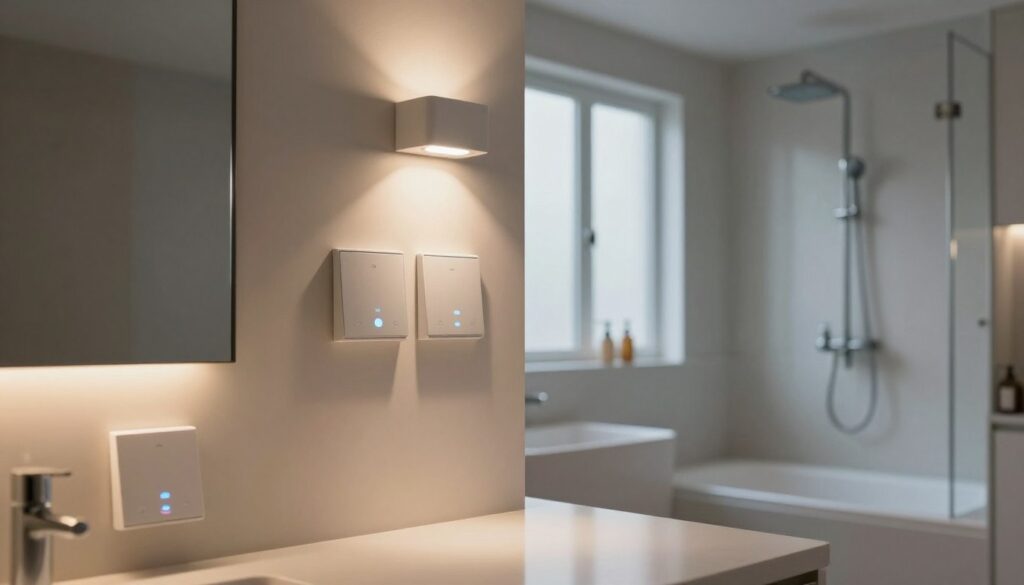 A modern bathroom featuring smart spot lighting, focusing on sleek, adjustable fixtures that illuminate various zones. In the foreground, there are stylish, minimalist light switches with touch controls. The middle ground showcases varying light intensity and color settings, creating a calming ambiance; soft, warm light over a vanity area, and cooler tones highlighting a shower space. In the background, frosted glass windows allow natural light to filter in, enhancing the overall brightness. The atmosphere feels serene and tech-forward, capturing the essence of innovative design in bathroom lighting. Soft shadows play across the surfaces, with high-quality, realistic details in the materials and finishes, evoking a sense of sophistication and comfort.