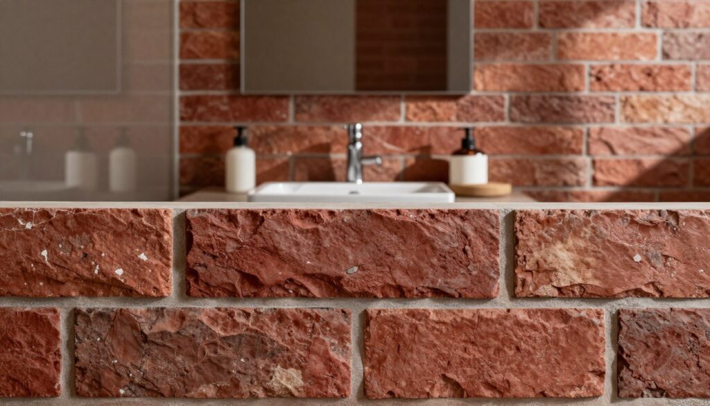 A modern bathroom interior featuring "płytki cegłopodobne" arranged in a sleek and stylish manner. In the foreground, showcase beautifully textured brick-like tiles with rich red and earthy tones, creating a warm and inviting ambiance. The middle ground highlights a minimalist sink with elegant fixtures and complementary accessories, set against a backdrop of the striking tile pattern. In the background, include soft lighting that casts gentle shadows, enhancing the texture of the tiles and reflecting off glossy surfaces. The overall atmosphere should evoke a sense of modern sophistication and practicality, ideal for a wet zone while maintaining the raw appeal of brick aesthetics. A modern bathroom interior featuring "płytki cegłopodobne" arranged in a sleek and stylish manner. In the foreground, showcase beautifully textured brick-like tiles with rich red and earthy tones, creating a warm and inviting ambiance. The middle ground highlights a minimalist sink with elegant fixtures and complementary accessories, set against a backdrop of the striking tile pattern. In the background, include soft lighting that casts gentle shadows, enhancing the texture of the tiles and reflecting off glossy surfaces. The overall atmosphere should evoke a sense of modern sophistication and practicality, ideal for a wet zone while maintaining the raw appeal of brick aesthetics.