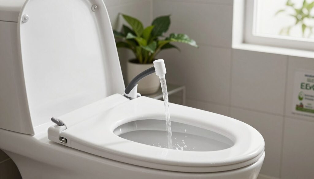 A modern bathroom scene featuring a sleek, low-flush toilet in close-up focus, demonstrating an efficient water flushing mechanism. The spotlight highlights the innovative system, showcasing water cascading smoothly from the tank into the bowl, with a gentle splash effect. The background reveals a stylish tiled wall adorned with eco-friendly water conservation tips, while a potted plant adds a touch of greenery. Soft, natural lighting filters through a nearby window, creating a calm and inviting atmosphere. The composition maintains a clean and professional aesthetic, emphasizing the importance of water-saving technology in everyday use while capturing the essence of effective flushing systems in a practical setting.