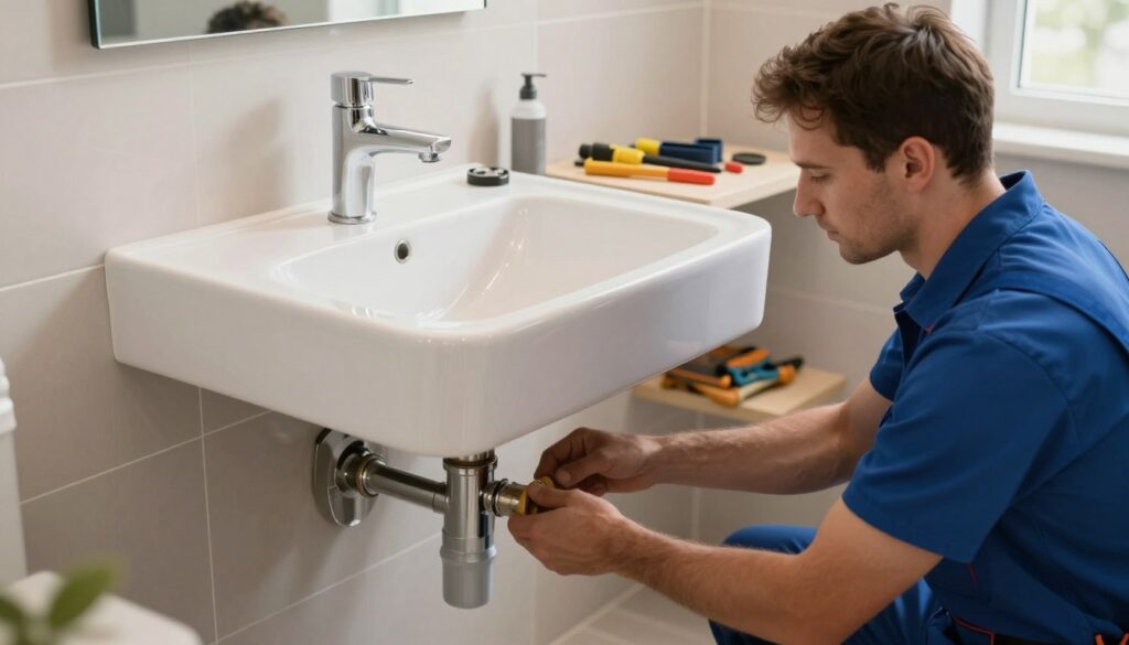 A modern bathroom scene featuring the installation of a bathroom sink. In the foreground, a skilled plumber in professional attire is carefully connecting pipes under a stylish, wall-mounted sink. The sink is elegantly designed, preferably a countertop model with smooth lines and a shiny faucet. In the middle background, there are neatly arranged tools and plumbing parts scattered on a workbench, showcasing the installation process. The walls are tiled in soft shades that evoke a serene atmosphere, and natural light streams in through a nearby window, highlighting the details of the installation work. The angle captures the action from slightly above, giving a comprehensive view of both the sink and the work being done. The overall mood is focused and professional. A modern bathroom scene featuring the installation of a bathroom sink. In the foreground, a skilled plumber in professional attire is carefully connecting pipes under a stylish, wall-mounted sink. The sink is elegantly designed, preferably a countertop model with smooth lines and a shiny faucet. In the middle background, there are neatly arranged tools and plumbing parts scattered on a workbench, showcasing the installation process. The walls are tiled in soft shades that evoke a serene atmosphere, and natural light streams in through a nearby window, highlighting the details of the installation work. The angle captures the action from slightly above, giving a comprehensive view of both the sink and the work being done. The overall mood is focused and professional.